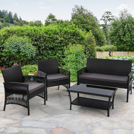 Luis 4-Seater Wicker Harp Chair Table Garden Furniture 4-Piece Outdoor Sofa Set - Black