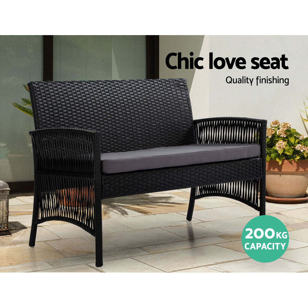 Luis 4-Seater Wicker Harp Chair Table 4-Piece OutdoorSofa Set with Storage Cover - Black