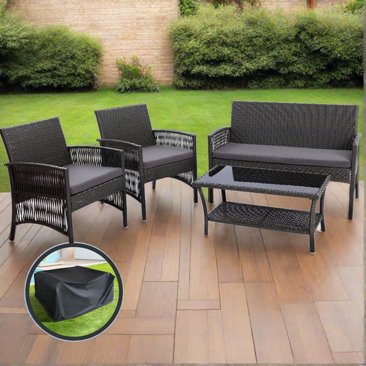 Luis 4-Seater Wicker Harp Table & Chair 4-Piece Outdoor Sofa Set with Storage Cover - Grey