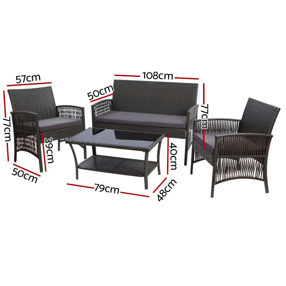 Luis 4-Seater Wicker Harp Table & Chair 4-Piece Outdoor Sofa Set with Storage Cover - Grey