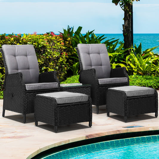 Yeovil 5-Piece Recliner Chair Outdoor Furniture Setting Patio Wicker Sofa Chair and Ottoman - Black