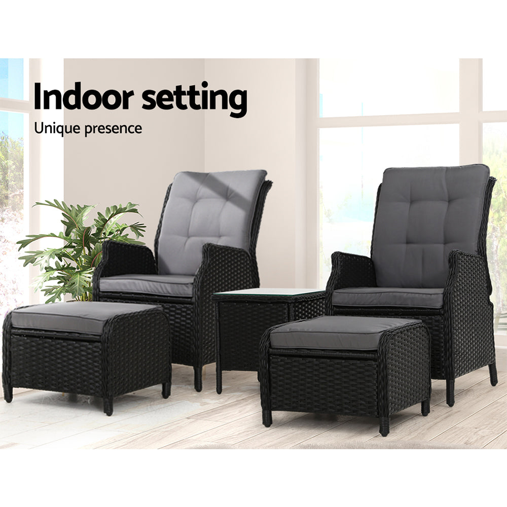Yeovil 5-Piece Recliner Chair Outdoor Furniture Setting Patio Wicker Sofa Chair and Ottoman - Black