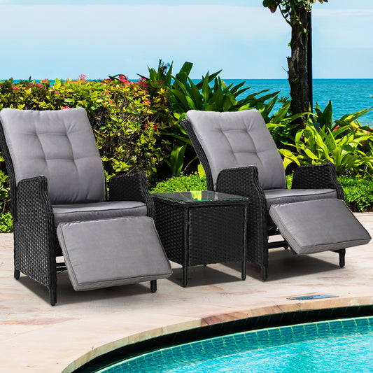 Moore 3-Piece Recliner Chairs and Table Bistro Setting Outdoor Furniture Patio Wicker Sofa - Black
