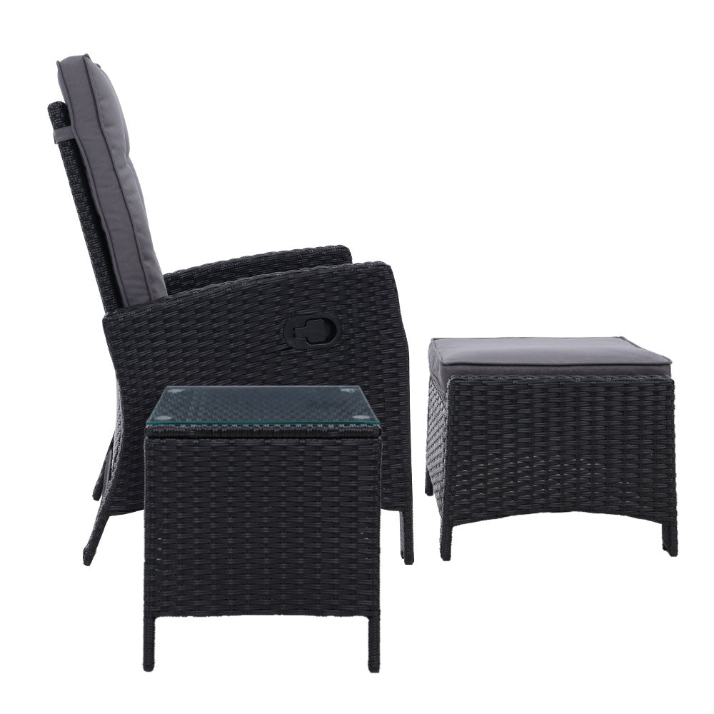 Ross 3-Piece Recliner Chairs Table Wicker Outdoor Furniture Adjustable - Black