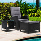 Ross 3-Piece Recliner Chairs Table Wicker Outdoor Furniture Adjustable - Black