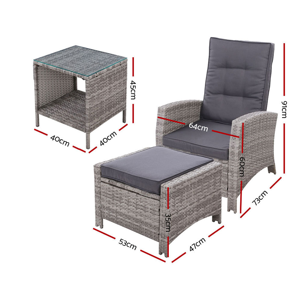 Ross 3-Piece Recliner Chair Outdoor Furniture Bistro Setting Patio Wicker Sofa Chair and Ottoman - Grey
