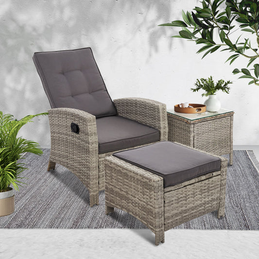 Ross 3-Piece Recliner Chair Outdoor Furniture Bistro Setting Patio Wicker Sofa Chair and Ottoman - Grey