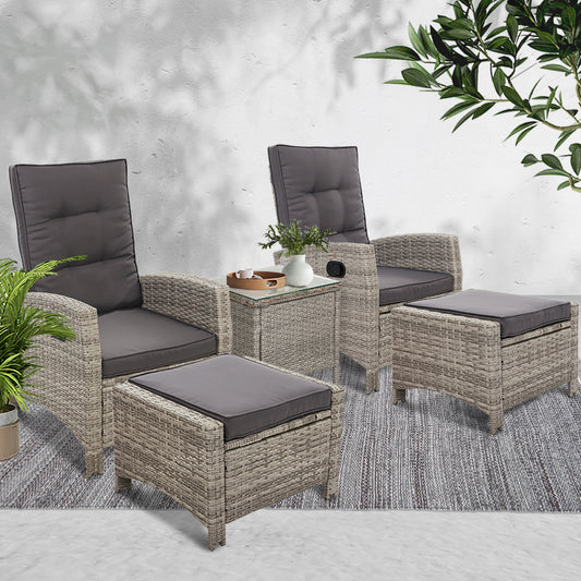 Ross 5-Piece Recliner Chair Outdoor Furniture Setting Patio Wicker Sofa Chair and Ottoman - Grey