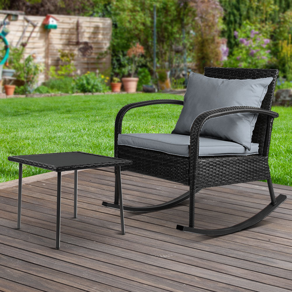 Eliza Wicker Rocking Chairs Table Set Outdoor Setting Patio Furniture - Black