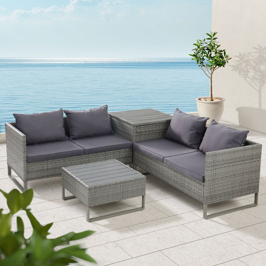 Walter 4-Seater Furniture Garden Couch Patio Wicker Table Chairs 4-Piece Outdoor Sofa - Grey