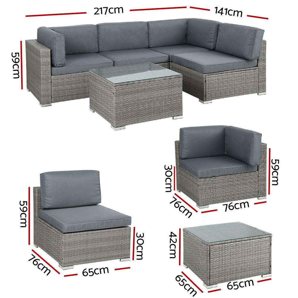 Driffield 4-Seater Furniture Wicker Table Chairs 5-Piece Outdoor Sofa - Grey