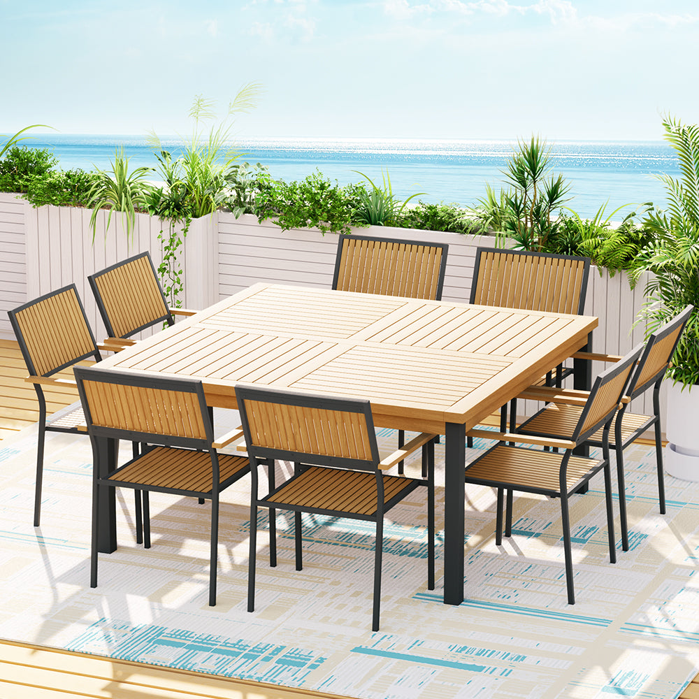 Kellan 8-Seater Chairs Table Patio Acacia 9-Piece Outdoor Furniture - Oak