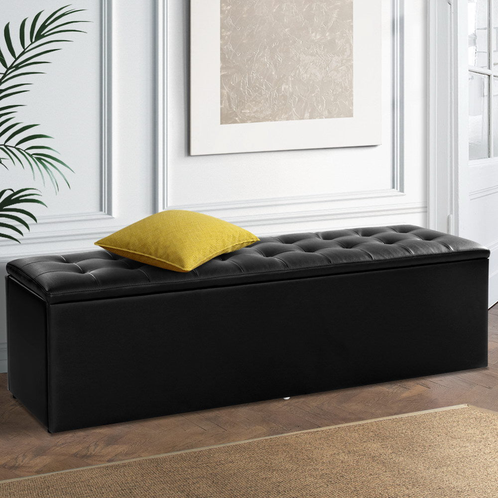 Storage Ottoman Blanket Box Black LARGE Leather Rest Chest Toy Foot Stool