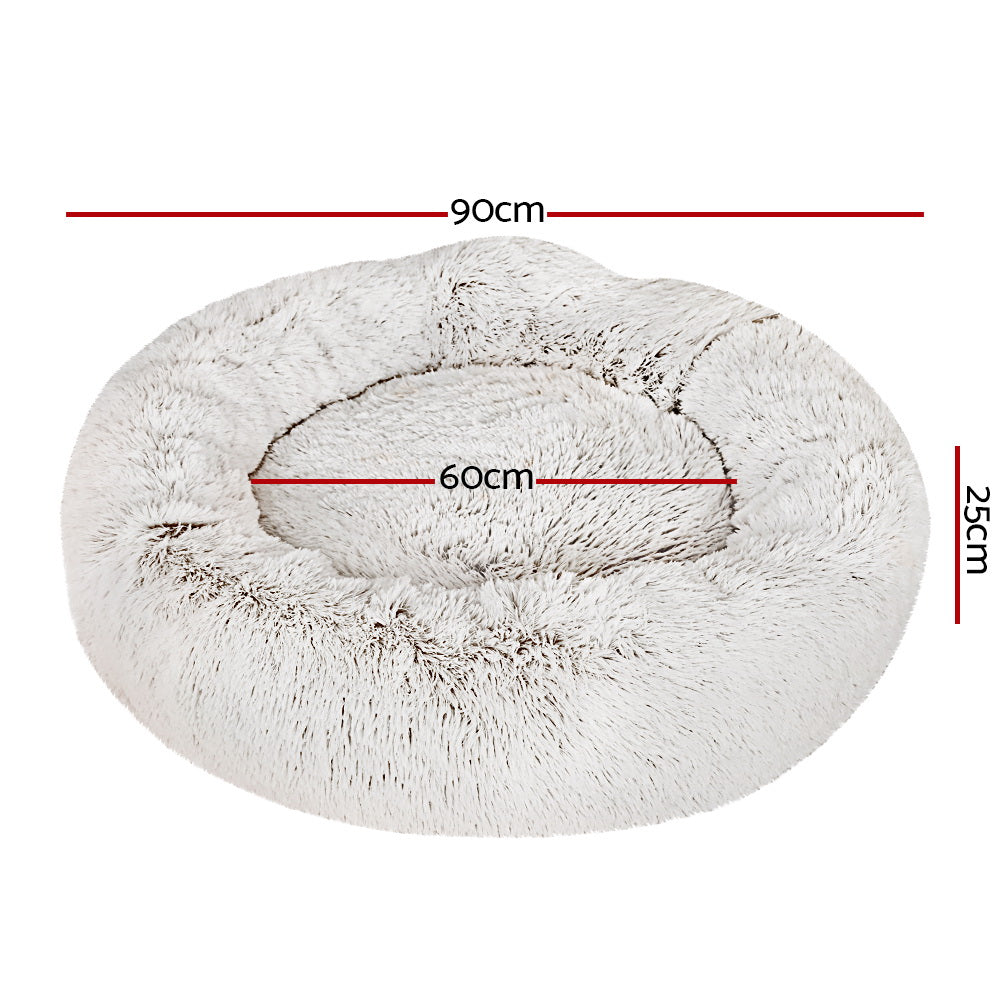 LARGE Dog Beds Pet 90cm Calming Soft Plush - White Brown