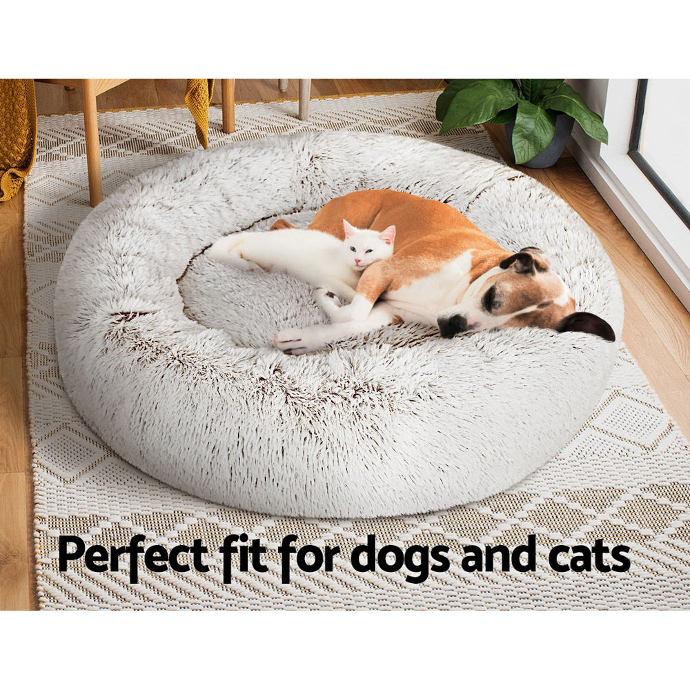 LARGE Dog Beds Pet 90cm Calming Soft Plush - White Brown