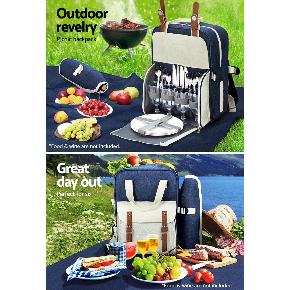 Picnic Basket Backpack Set Cooler Bag 4 Person Outdoor Liquor Blue