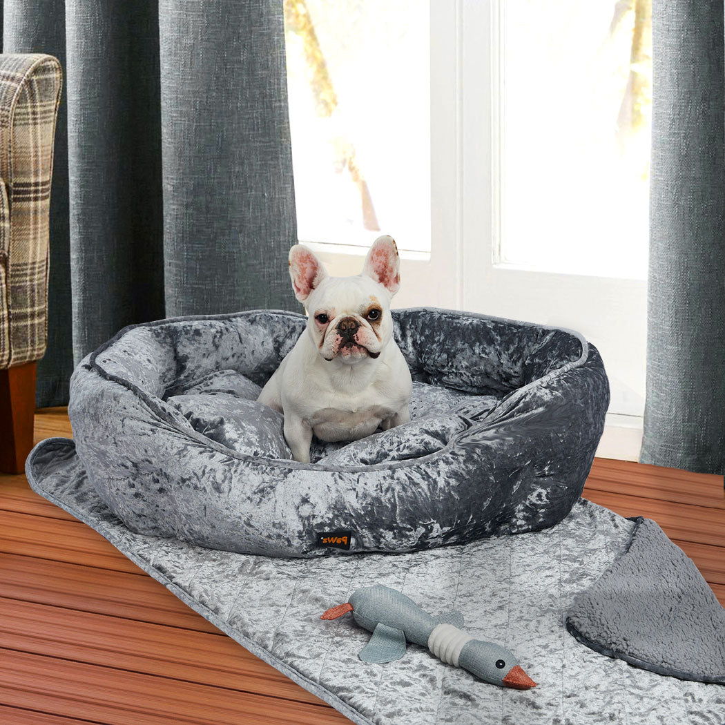 Basset Dog Beds Pet Set Cat Quilted Blanket Squeaky Toy Calming Warm Soft Nest - Grey LARGE