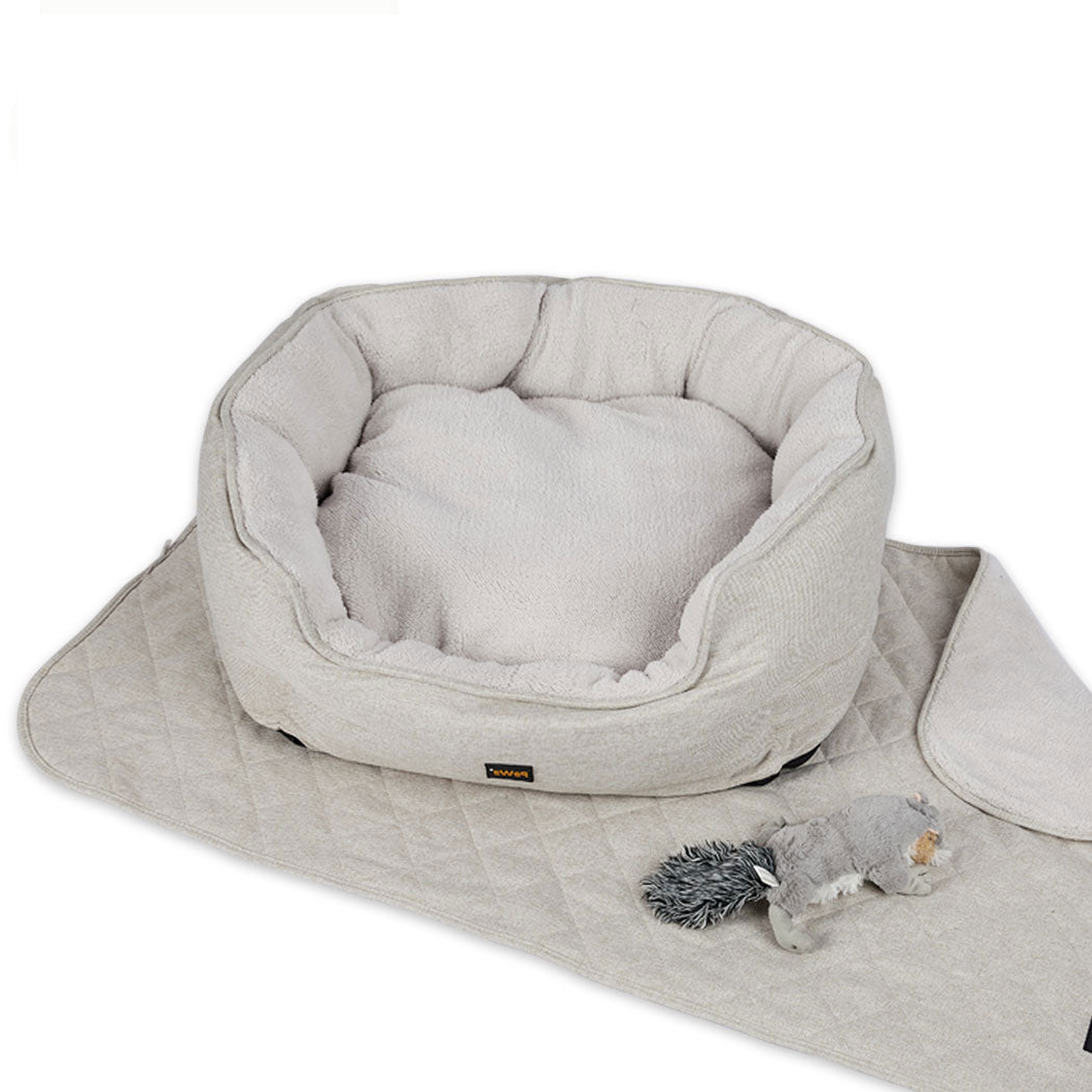 Basset Dog Beds Pet Set Cat Quilted Blanket Squeaky Toy Calming Warm Soft Nest - Beige XLARGE
