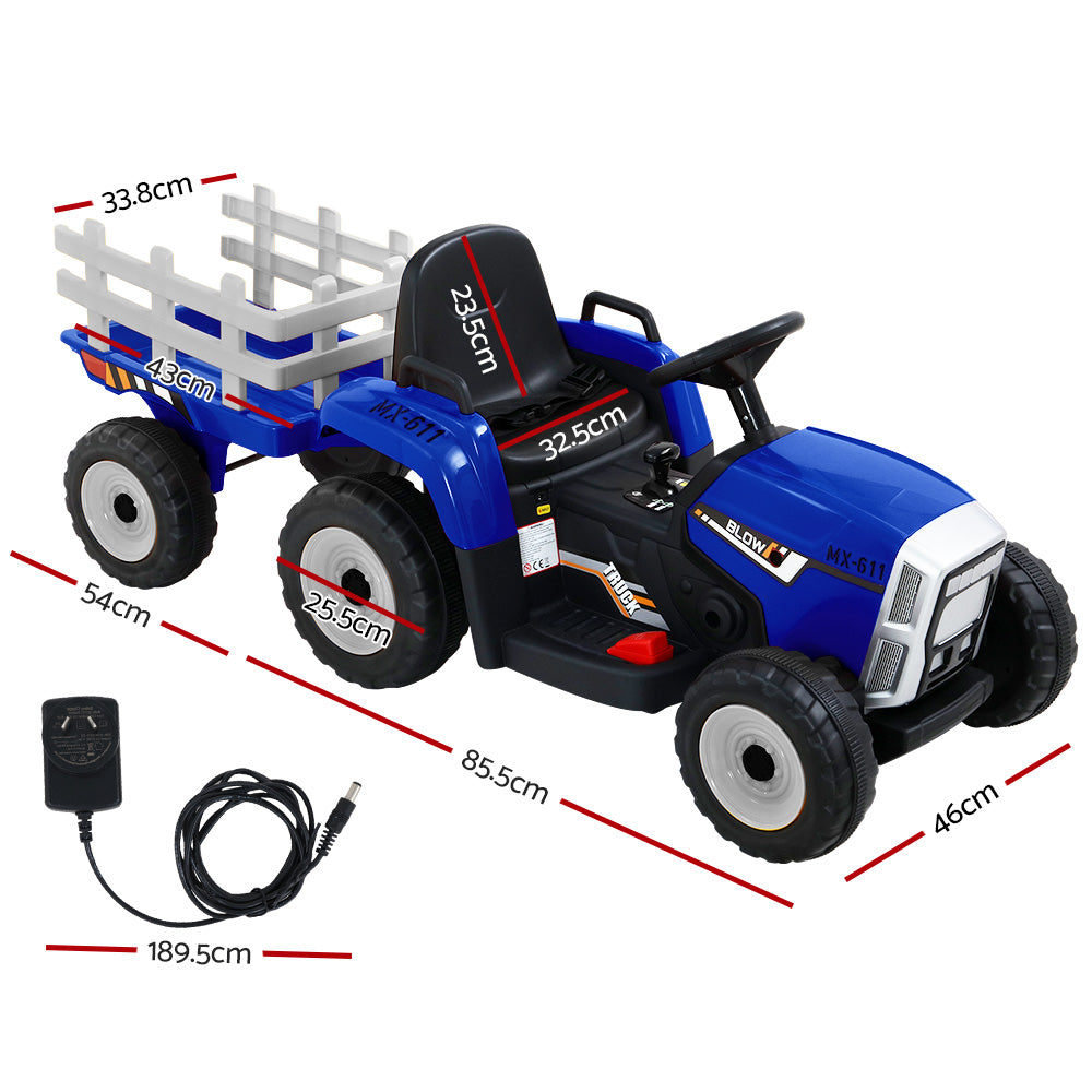 Ride On Car Tractor Trailer Toy Kids Electric Cars 12V Battery - Blue