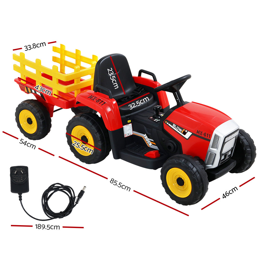 Ride On Car Tractor Trailer Toy Kids Electric Cars 12V Battery - Red