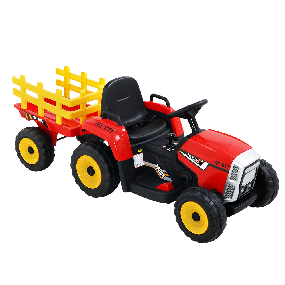 Ride On Car Tractor Trailer Toy Kids Electric Cars 12V Battery - Red