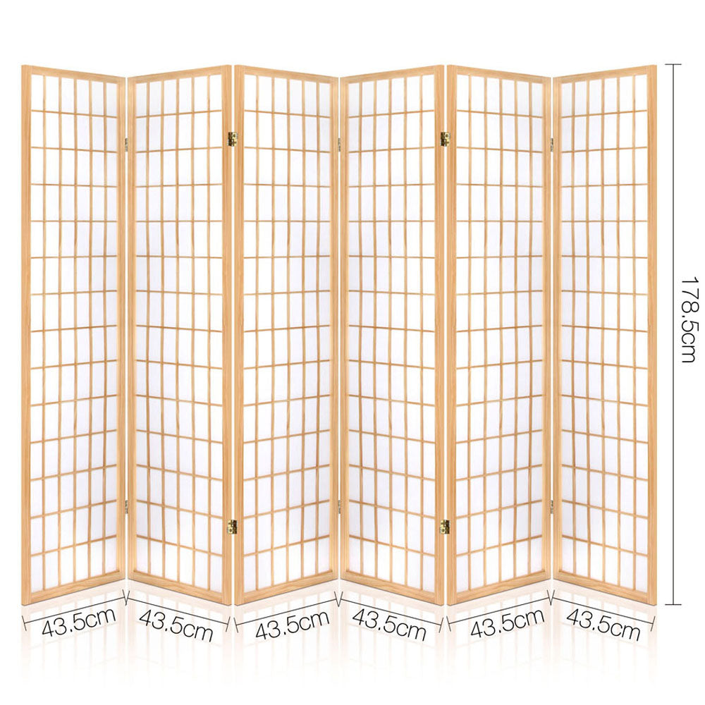 6 Panel Room Divider Screen 261x179cm - Natural