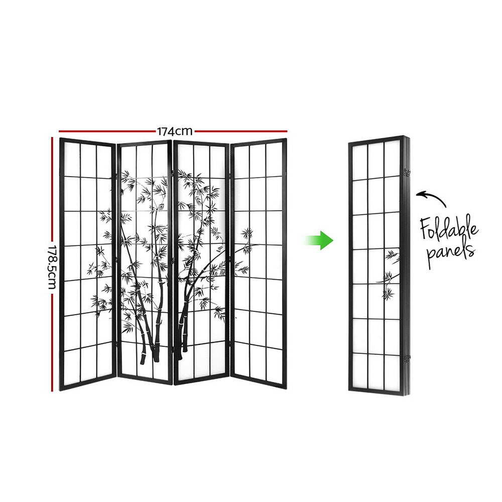 4 Panel Room Divider Screen 174x179cm Bamboo - Black & White
