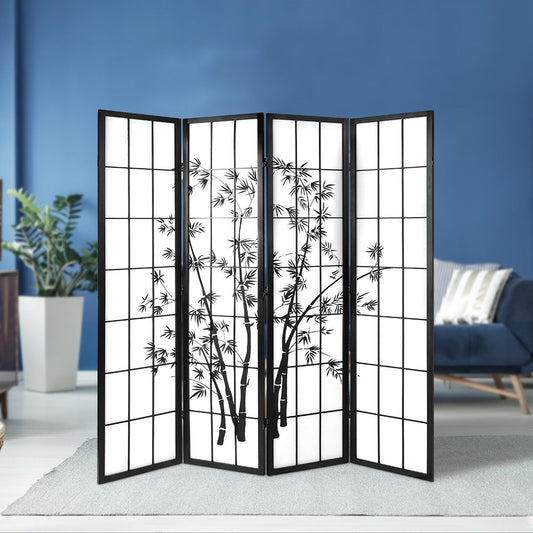 4 Panel Room Divider Screen 174x179cm Bamboo - Black & White