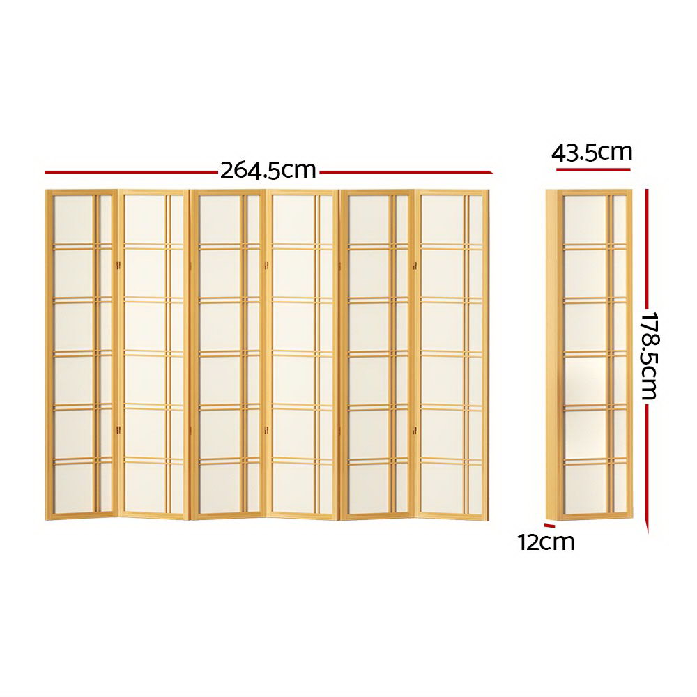 6 Panel Room Divider Screen 265x179cm - Natural