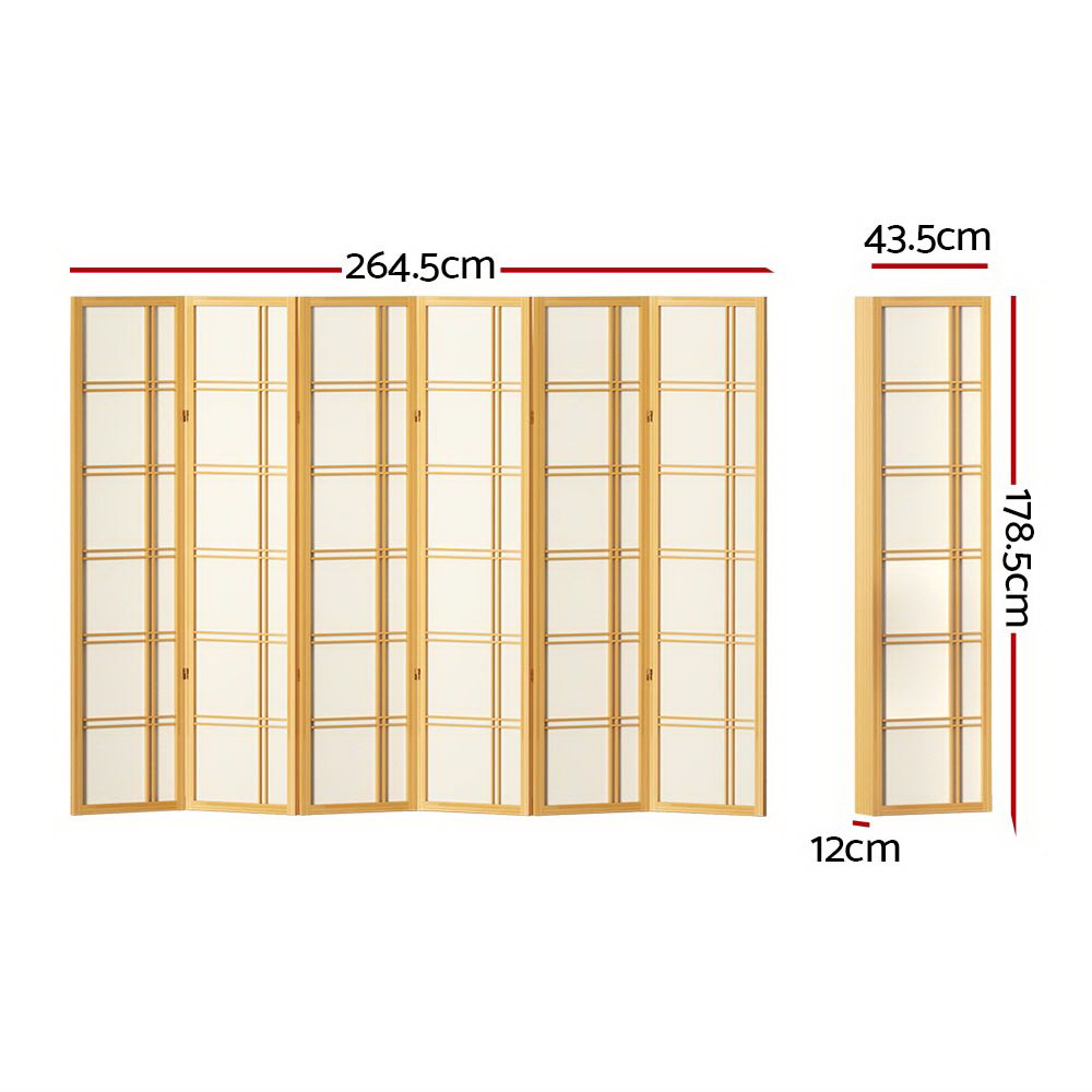 6 Panel Room Divider Screen 265x179cm - Natural