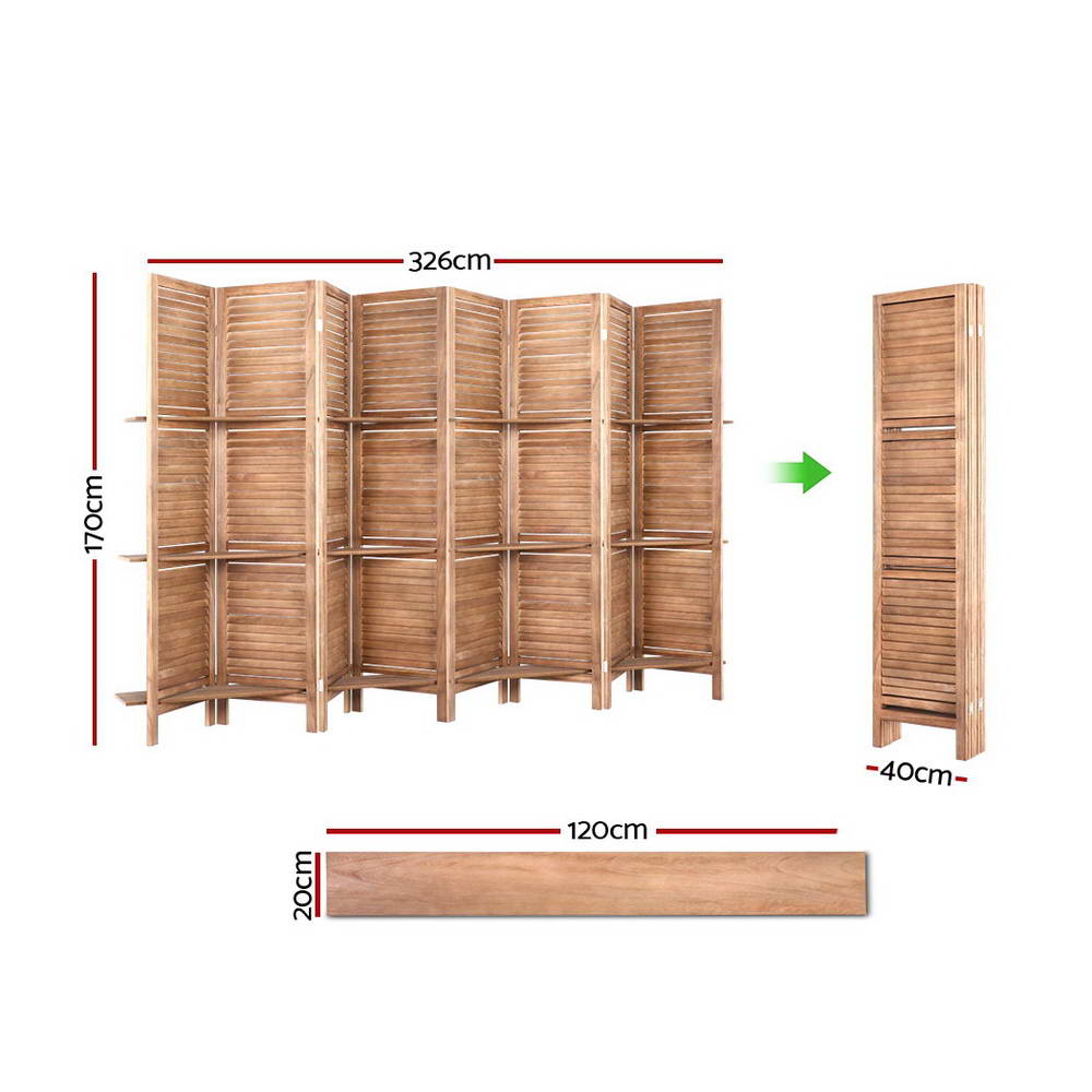 8 Panel Room Divider Screen 326x170cm Shelf - Oak