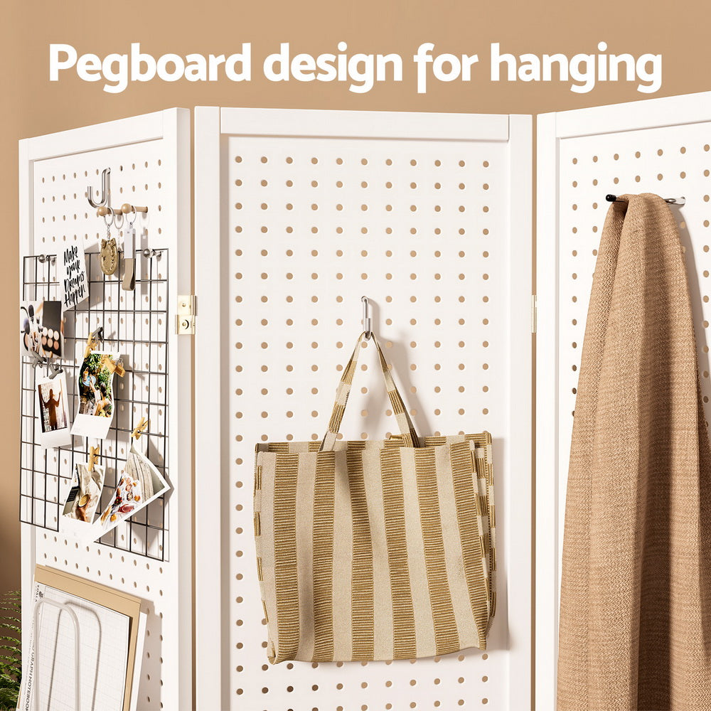 4 Panel Room Divider Screen 164x170cm Pegboard - White