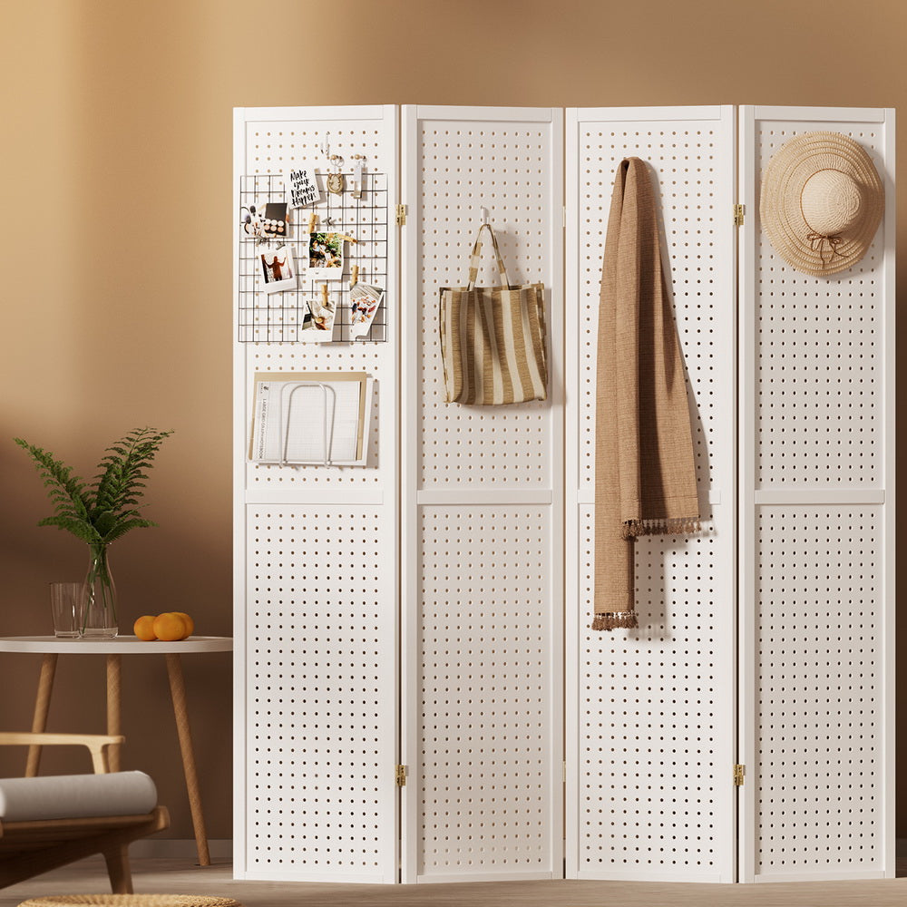 4 Panel Room Divider Screen 164x170cm Pegboard - White