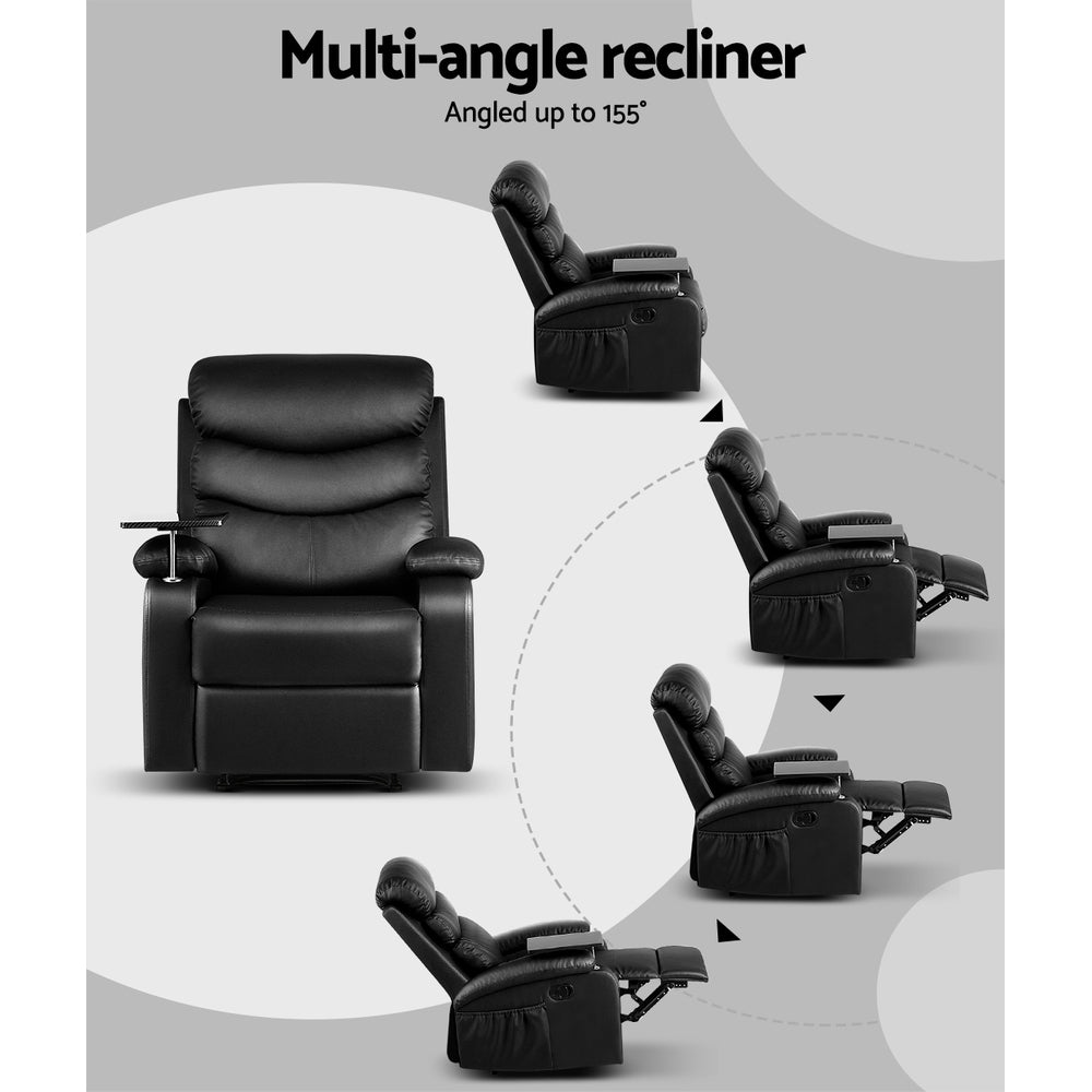 Cora Recliner Chair Armchair Lounge Chair Couch Leather with Tray Table - Black