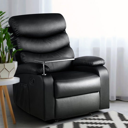 Cora Recliner Chair Armchair Lounge Sofa Chair Couch Leather with Tray Table - Black
