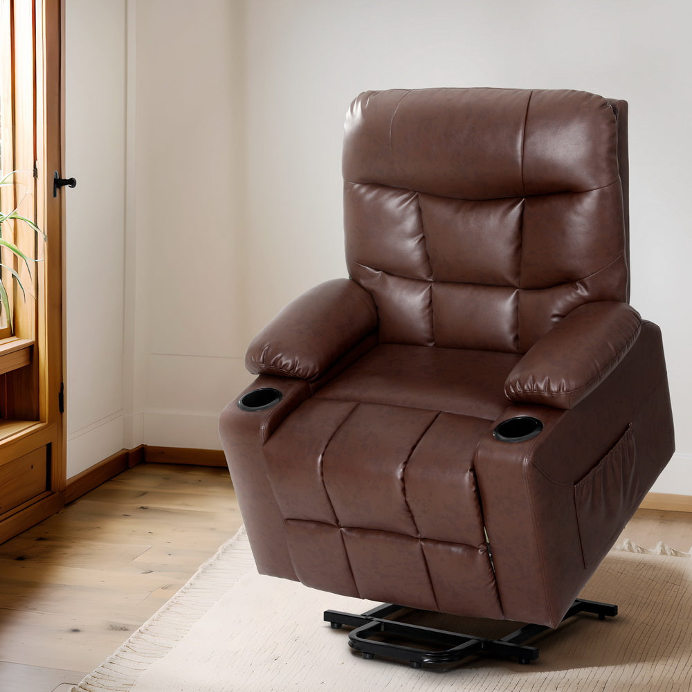 Chiron Recliner Chair Lift Assist Heated Massage Chair Leather - Brown