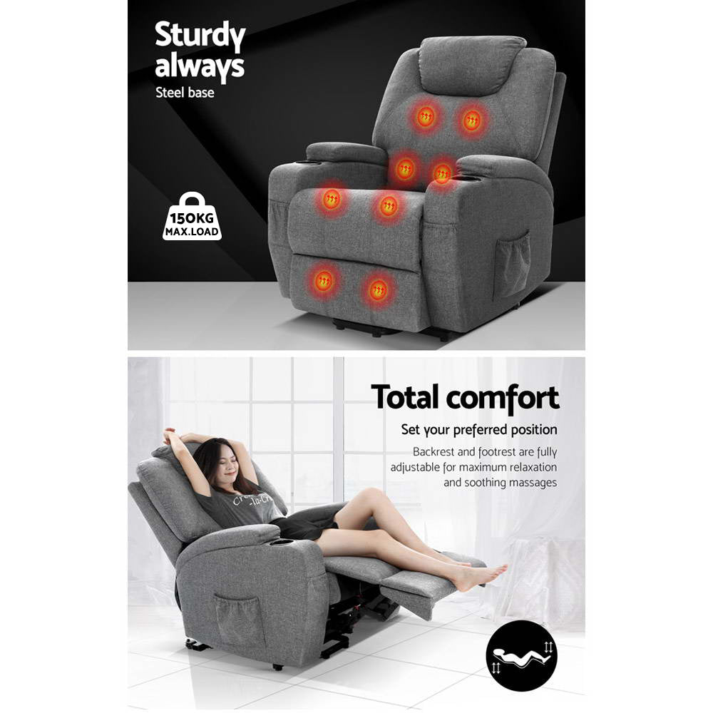 Ambrosia Electric Massage Chair Recliner Lift Motor Armchair Heating Fabric - Grey