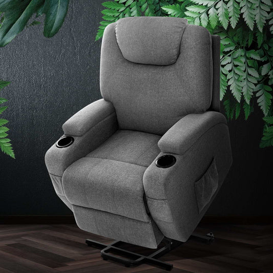 Ambrosia Electric Massage Chair Recliner Lift Motor Armchair Heating Fabric - Grey