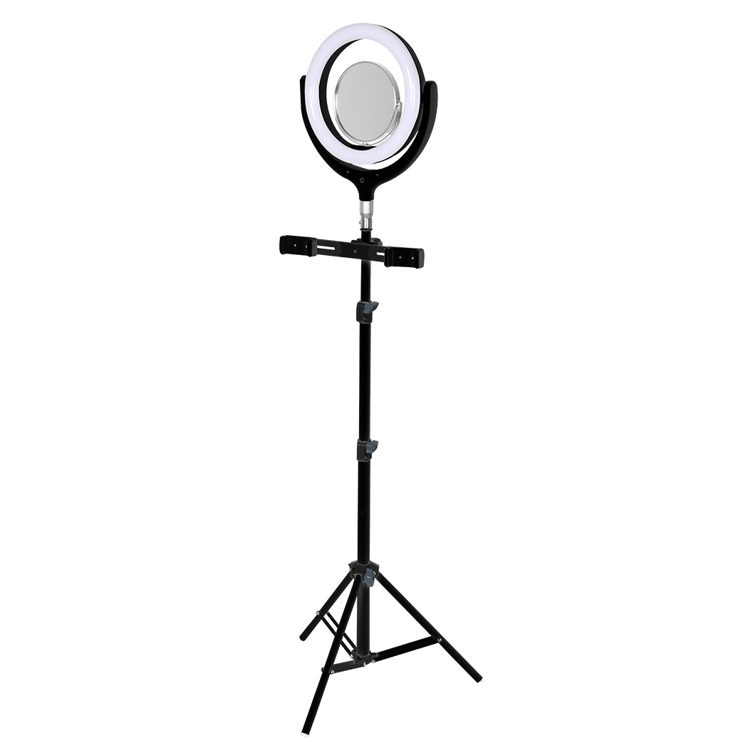 LED Ring Light with Tripod Stand Phone Holder Dimmable Studio Lamp Makeup Mirror Black