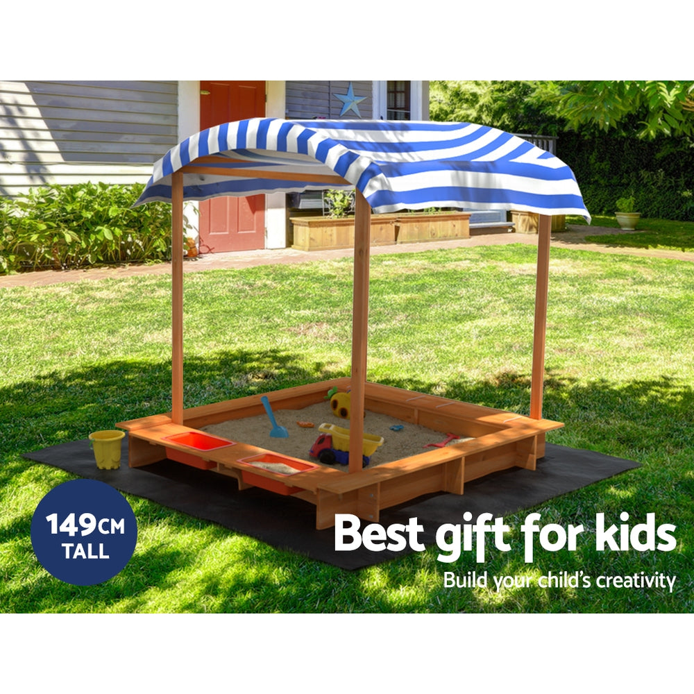 146cm Kids Sandpit Wooden Sandbox Sand Pit with Canopy Water Basin Toys