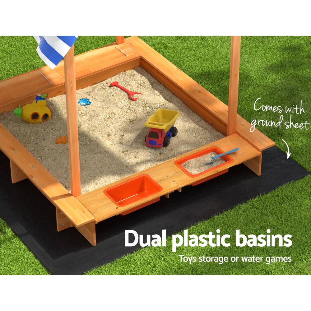 146cm Kids Sandpit Wooden Sandbox Sand Pit with Canopy Water Basin Toys