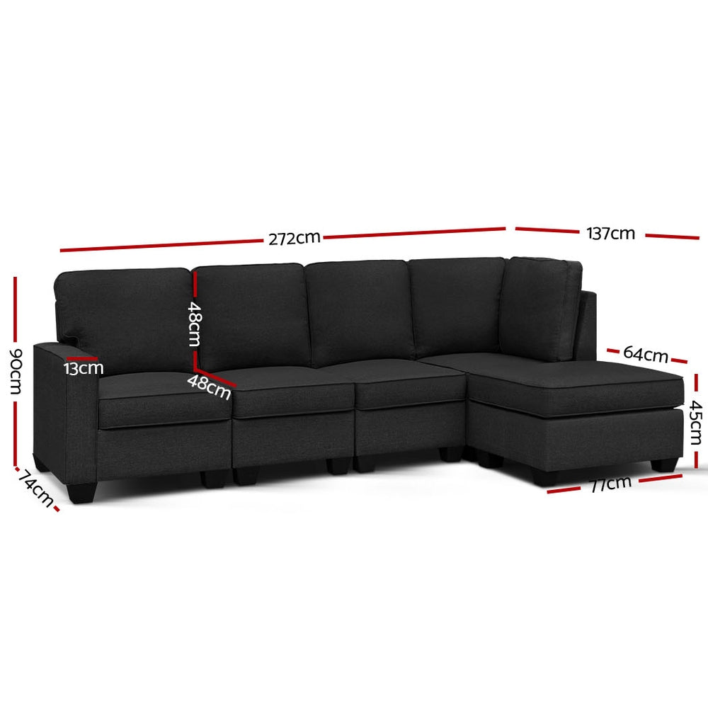 Misty 5-Seater Modular Chaise Suite Couch Sofa Lounge - Dark Grey