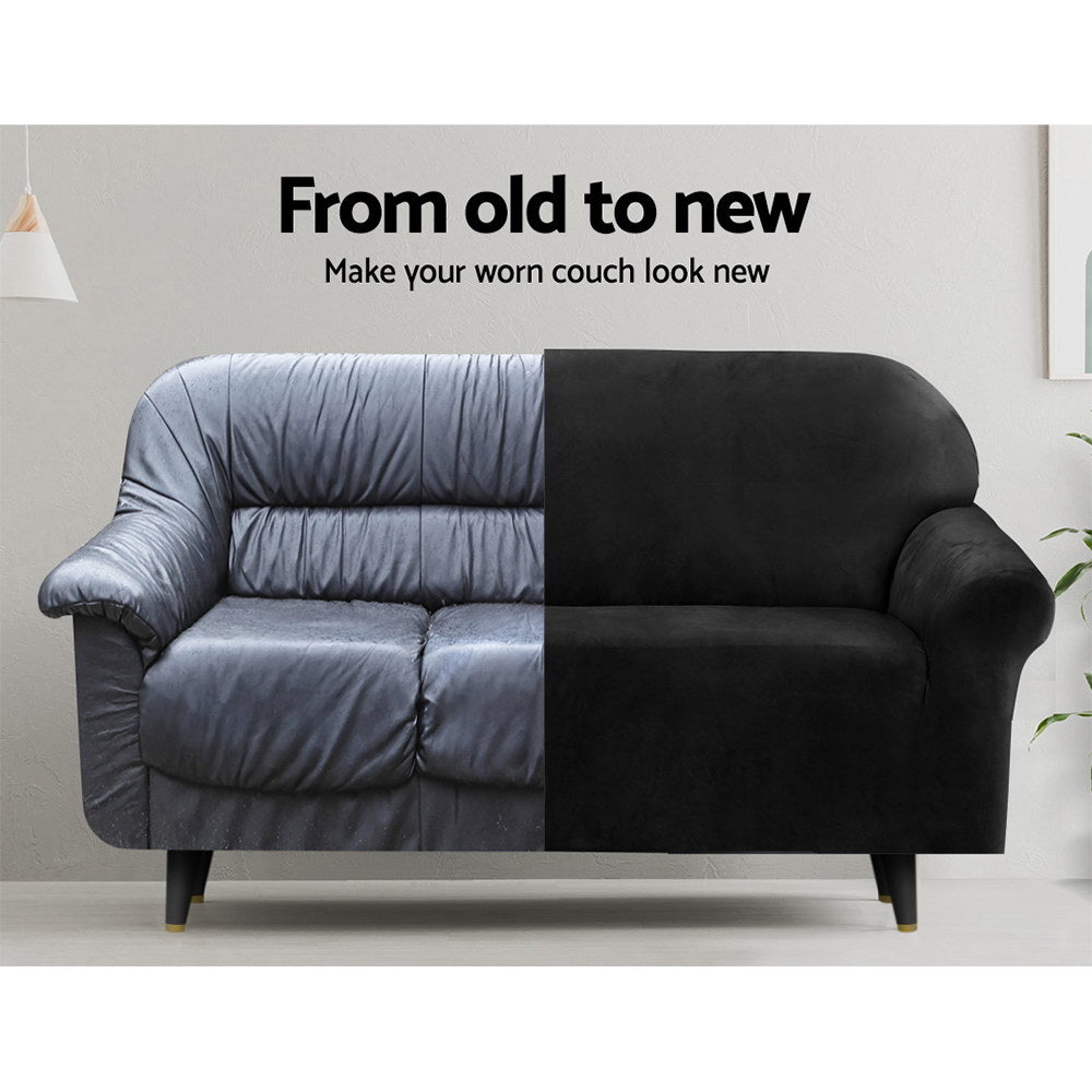 Velvet Sofa Cover Plush Couch Cover Lounge Slipcover 3-Seater Black