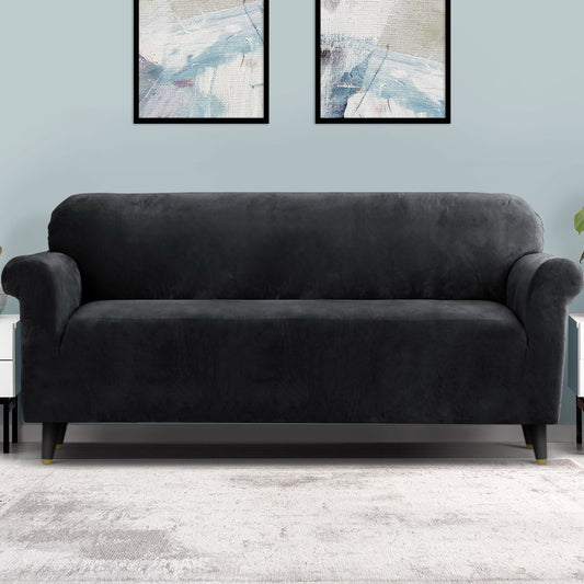 Velvet Sofa Cover Plush Couch Cover Lounge Slipcover 4-Seater Black