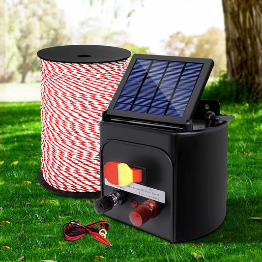 Electric Fence Energiser 5km Solar Powered Charger + 500m Rope