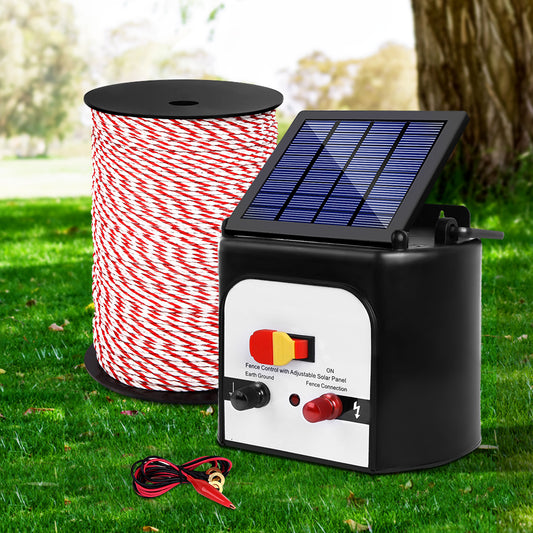 Electric Fence Energiser 8km Solar Powered Charger + 500m Polytape Rope