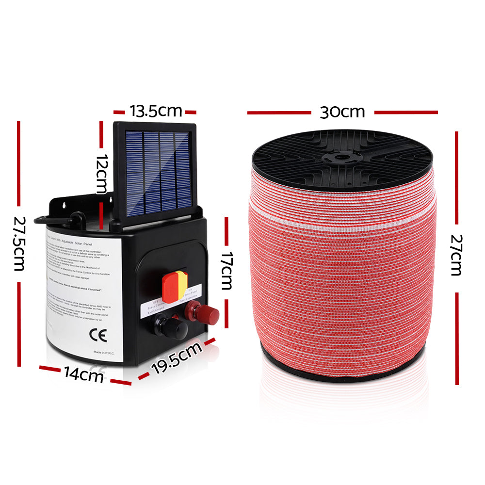 Electric Fence Energiser 3km Solar Powered Energizer Set + 1200m Tape