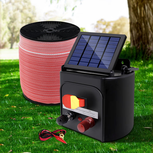 Electric Fence Energiser 3km Solar Powered Energizer Set + 1200m Tape