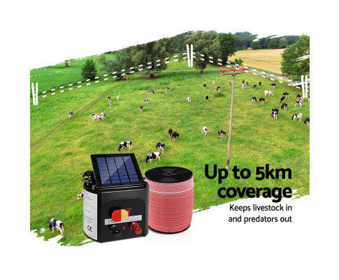 Electric Fence Energiser 5km Solar Powered 0.15j Set+ 1200m Tape