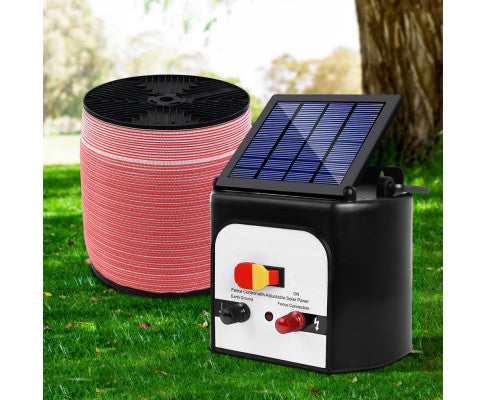 Electric Fence Energiser 8km Solar Powered Energizer Charger + 1200m Tape